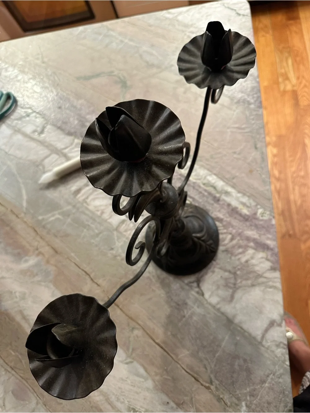 Vintage Gothic Wrought Iron Table Candelabra 3 candle Blackened antique Bronze